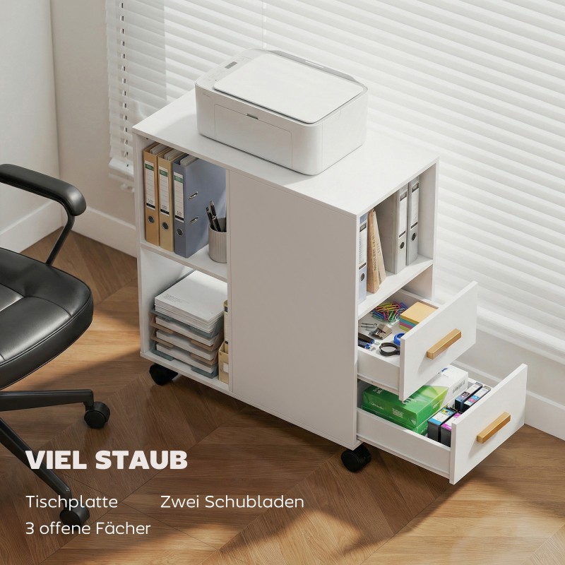 Tulostintaso laatikoilla ja avolokeroilla, lastulevy, pyörillä, 60 x 30 x 65 cm, valkoinen