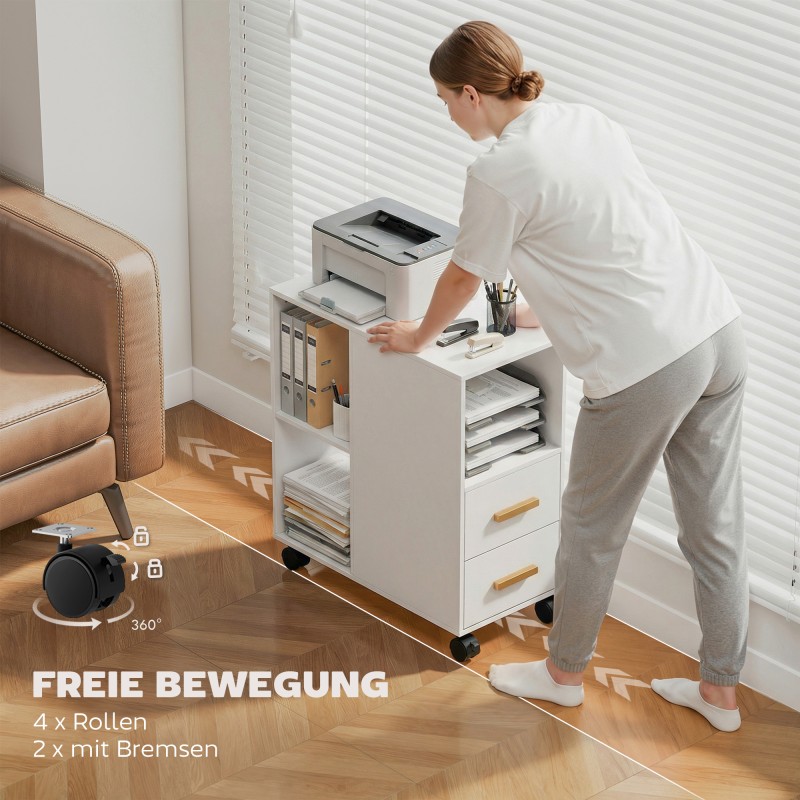 Tulostintaso laatikoilla ja avolokeroilla, lastulevy, pyörillä, 60 x 30 x 65 cm, valkoinen