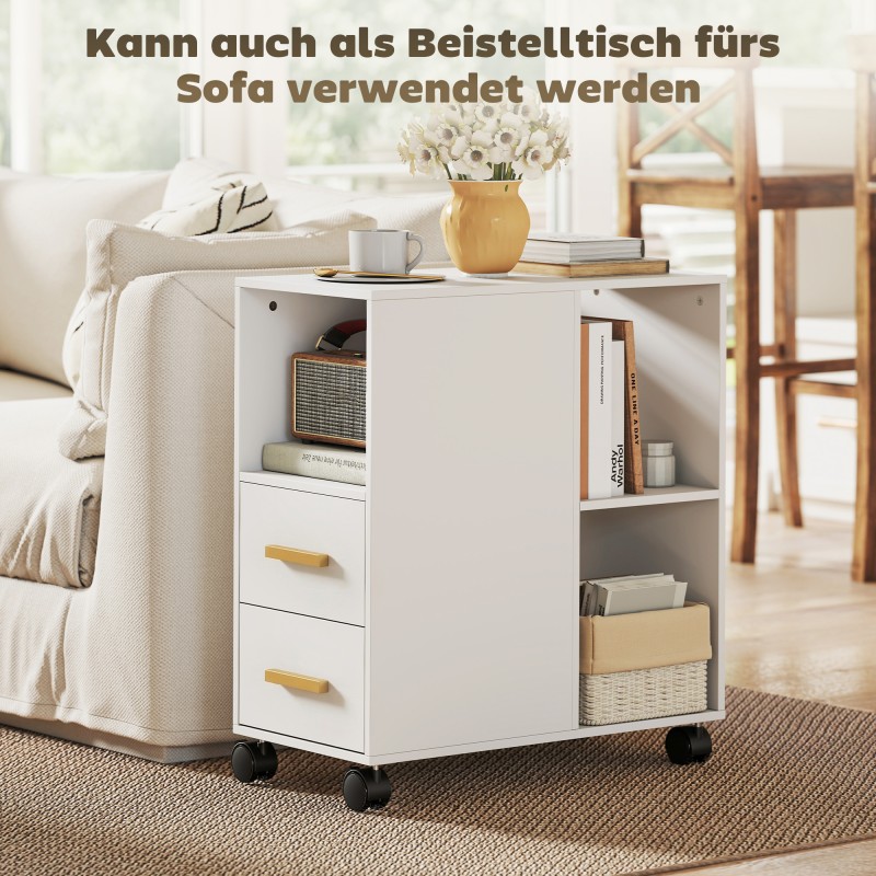 Tulostintaso laatikoilla ja avolokeroilla, lastulevy, pyörillä, 60 x 30 x 65 cm, valkoinen