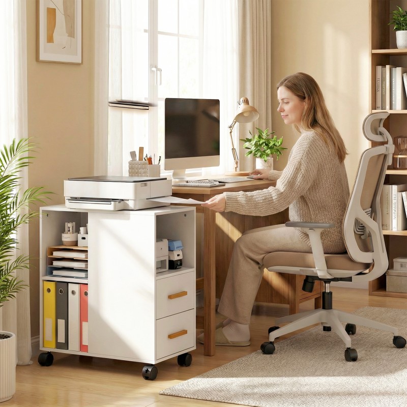 Tulostintaso laatikoilla ja avolokeroilla, lastulevy, pyörillä, 60 x 30 x 65 cm, valkoinen