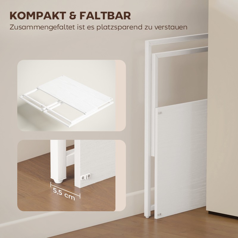 Taitettava työpöytä tietokoneelle, MDF/teräs, näytönkorotus, 100 x 48 x 87,5 cm, valkoinen