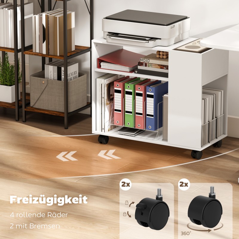 Tulostintaso ja tulostinpöytä säilytyshyllyillä, lastulevy, 70 x 34 x 60 cm, valkoinen