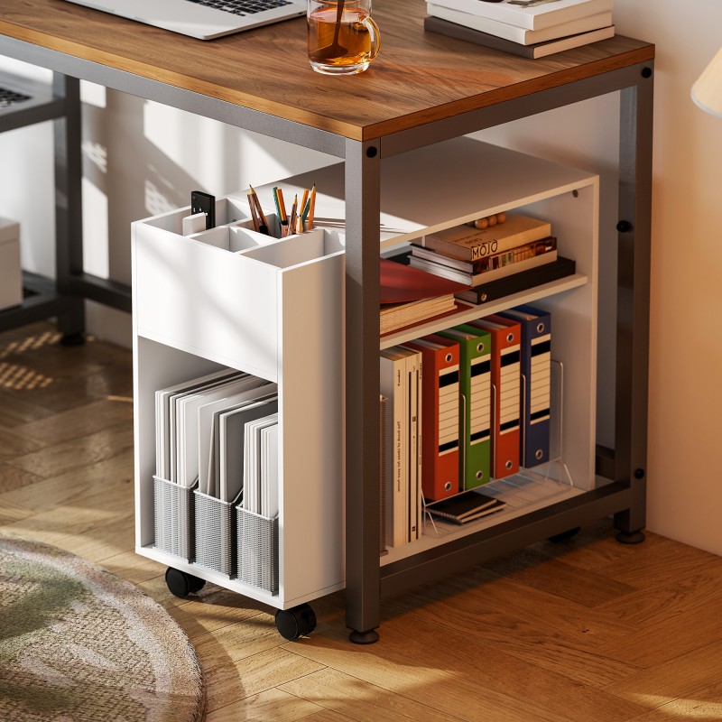 Tulostintaso ja tulostinpöytä säilytyshyllyillä, lastulevy, 70 x 34 x 60 cm, valkoinen