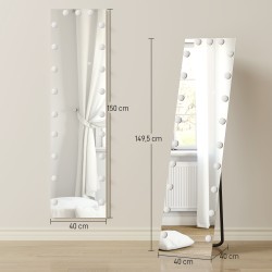 Kokovartalopeili RGB-LED-valaistuksella 150 x 40 cm, 21 lamppua, kehyksetön, karkaistu lasi, lattia- ja seinäasennus