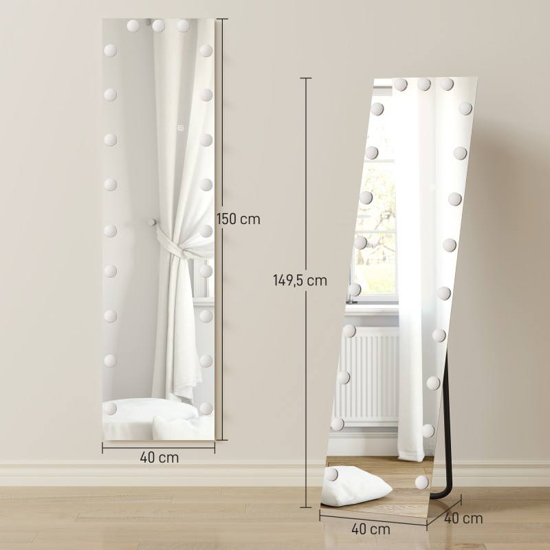 Kokovartalopeili RGB-LED-valaistuksella 150 x 40 cm, 21 lamppua, kehyksetön, karkaistu lasi, lattia- ja seinäasennus