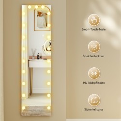 Kokovartalopeili RGB-LED-valaistuksella 150 x 40 cm, 21 lamppua, kehyksetön, karkaistu lasi, lattia- ja seinäasennus