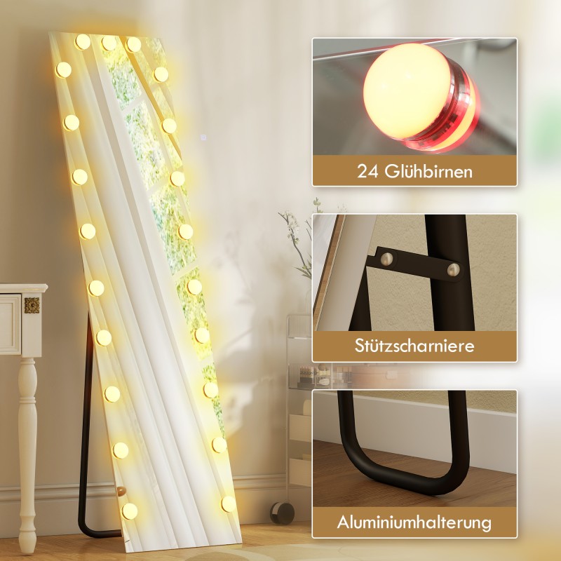 Kokovartalopeili RGB-LED-valaistuksella 150 x 40 cm, 21 lamppua, kehyksetön, karkaistu lasi, lattia- ja seinäasennus