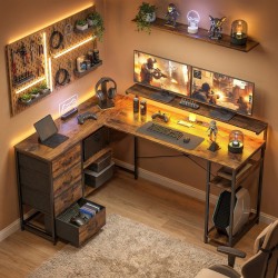 L-muotoinen pelipöytä virtapaneelilla ja LED-valaistuksella 155 x 110 x 91,4 cm rustiikinruskea