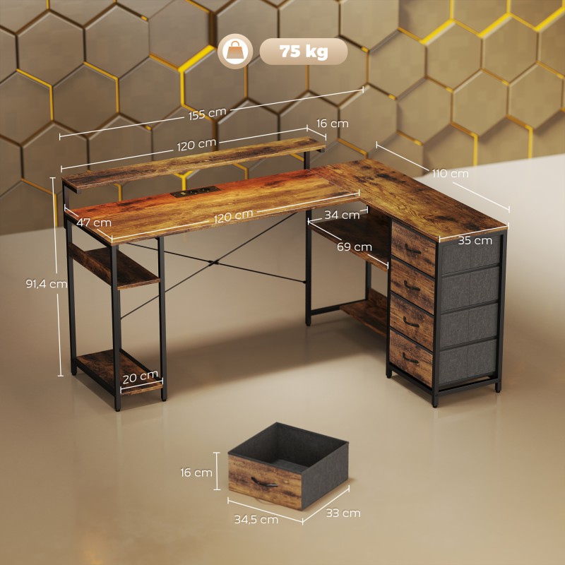 L-muotoinen pelipöytä virtapaneelilla ja LED-valaistuksella 155 x 110 x 91,4 cm rustiikinruskea