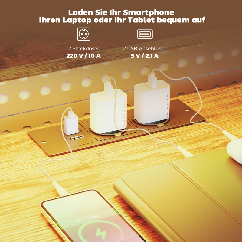 L-muotoinen pelipöytä virtapaneelilla ja LED-valaistuksella 155 x 110 x 91,4 cm rustiikinruskea