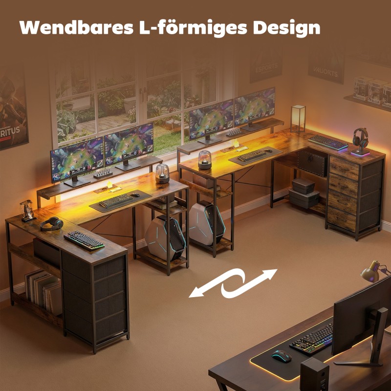 L-muotoinen pelipöytä virtapaneelilla ja LED-valaistuksella 155 x 110 x 91,4 cm rustiikinruskea