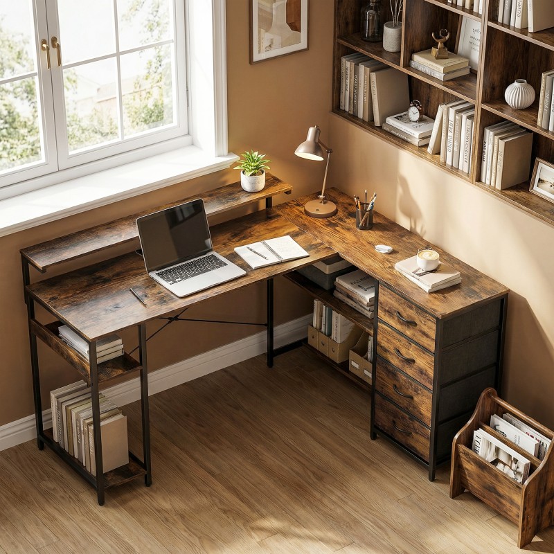 L-muotoinen pelipöytä virtapaneelilla ja LED-valaistuksella 155 x 110 x 91,4 cm rustiikinruskea