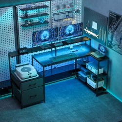 L-muotoinen pelipöytä työpöytä LED-valaistuksella ja pistorasioilla, 165 x 80 x 91,5 cm, musta puukuosi