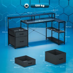 L-muotoinen pelipöytä työpöytä LED-valaistuksella ja pistorasioilla, 165 x 80 x 91,5 cm, musta puukuosi