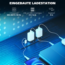 L-muotoinen pelipöytä työpöytä LED-valaistuksella ja pistorasioilla, 165 x 80 x 91,5 cm, musta puukuosi