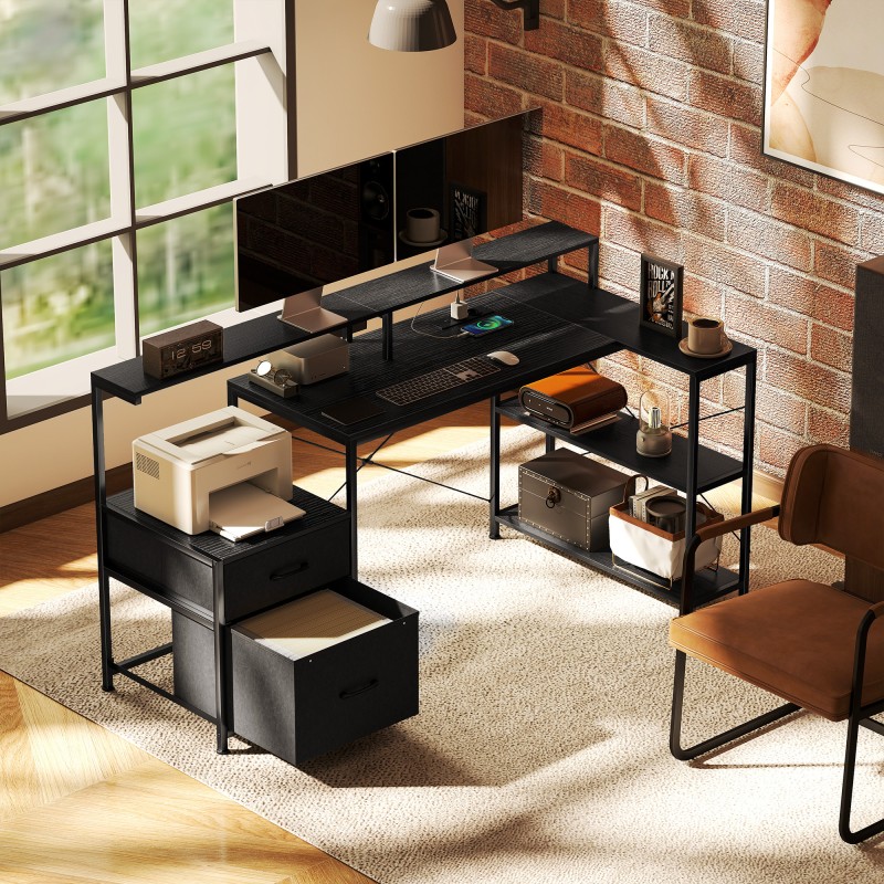 L-muotoinen pelipöytä työpöytä LED-valaistuksella ja pistorasioilla, 165 x 80 x 91,5 cm, musta puukuosi