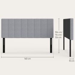 Sängynpääty metallijaloilla 160 cm, korkeussäädettävä 106–126 cm, harmaa pellavapintainen kangas