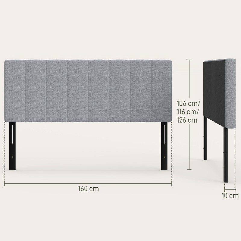 Sängynpääty metallijaloilla 160 cm, korkeussäädettävä 106–126 cm, harmaa pellavapintainen kangas