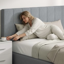 Sängynpääty metallijaloilla 160 cm, korkeussäädettävä 106–126 cm, harmaa pellavapintainen kangas