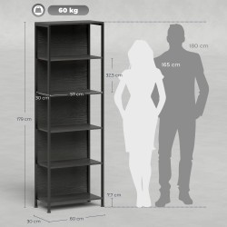 Kirjahylly LED-valaistuksella 5 tasoa lastulevy ja teräs 60 x 30 x 179 cm musta