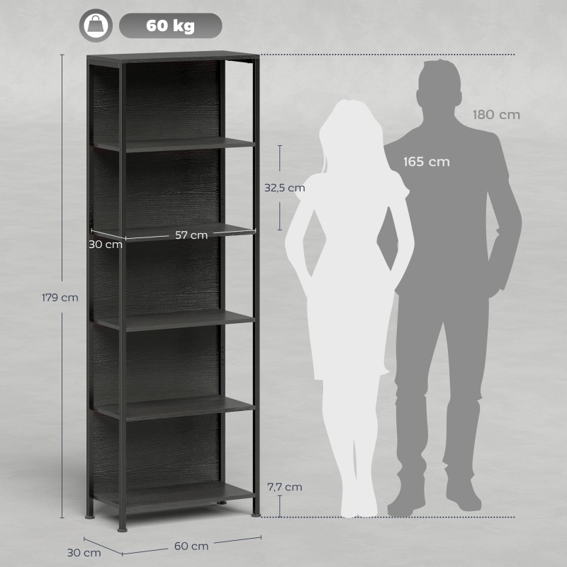 Kirjahylly LED-valaistuksella 5 tasoa lastulevy ja teräs 60 x 30 x 179 cm musta