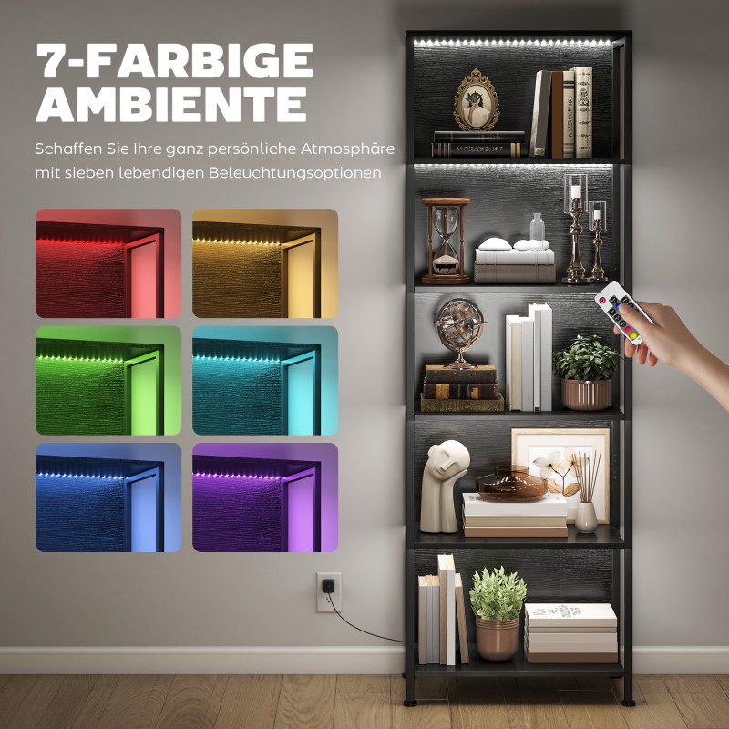 Kirjahylly LED-valaistuksella 5 tasoa lastulevy ja teräs 60 x 30 x 179 cm musta