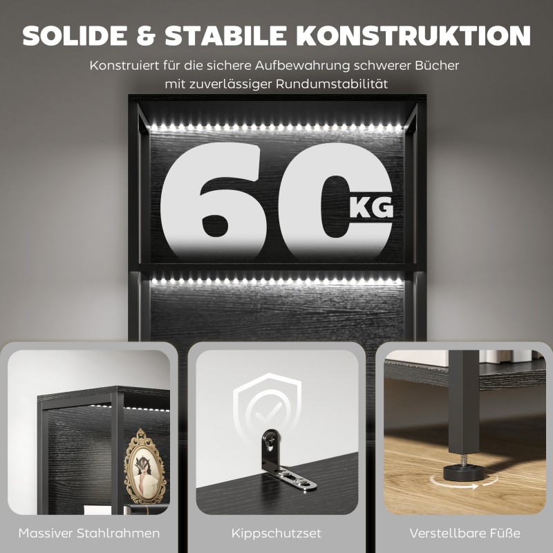 Kirjahylly LED-valaistuksella 5 tasoa lastulevy ja teräs 60 x 30 x 179 cm musta