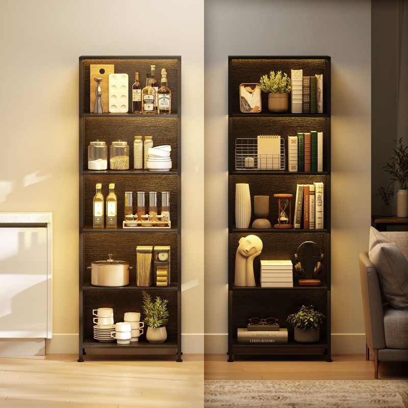 Kirjahylly LED-valaistuksella 5 tasoa lastulevy ja teräs 60 x 30 x 179 cm musta