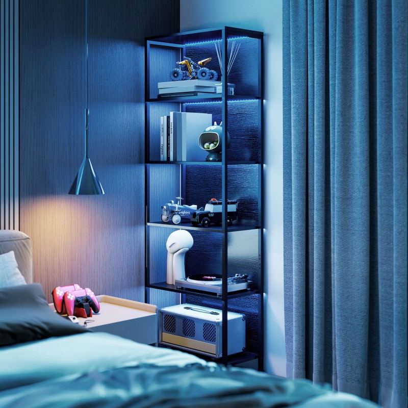 Kirjahylly LED-valaistuksella 5 tasoa lastulevy ja teräs 60 x 30 x 179 cm musta