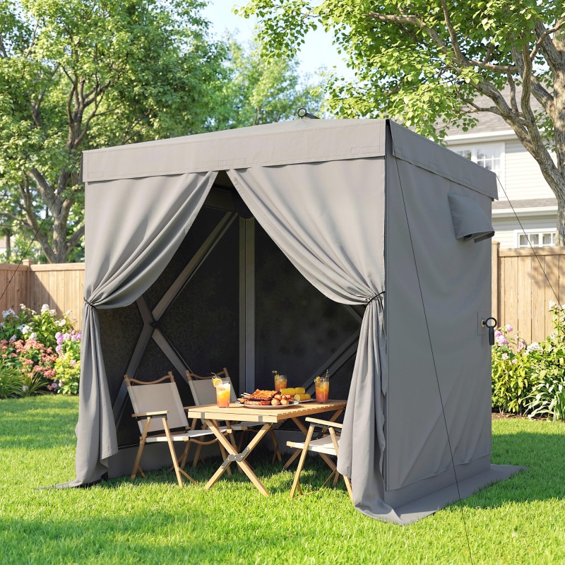 Paviljonki ulkokäyttöön 1,85 x 1,85 m pop up, vedenpitävä, talvikestävä, UV 30+, 4 mesh-sivuseinää, tummanharmaa