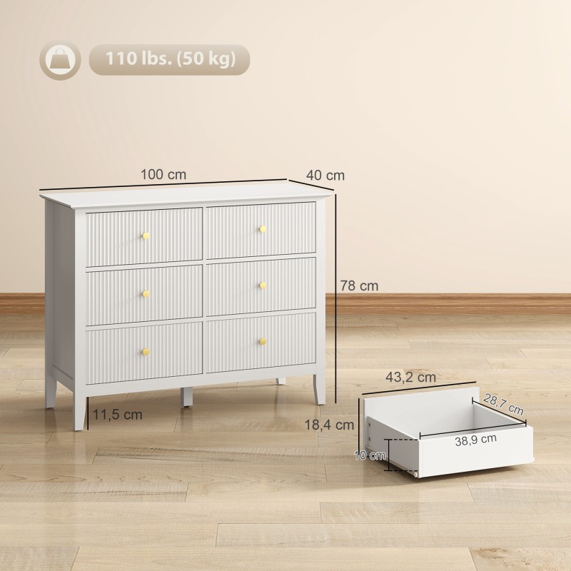 Lipasto 6 laatikolla, MDF/lastulevy, 100 x 40 x 78 cm, valkoinen