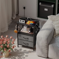 Sivupöytä / yöpöytä latausasemalla, teräsrunko, USB- ja USB-C-liitännät, 40 x 30 x 60 cm, musta