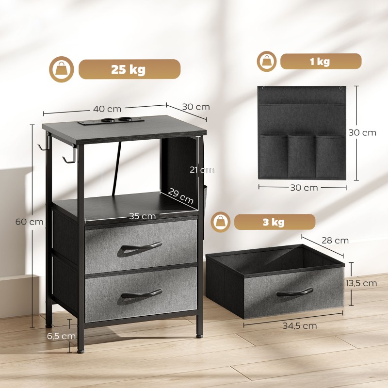 Sivupöytä / yöpöytä latausasemalla, teräsrunko, USB- ja USB-C-liitännät, 40 x 30 x 60 cm, musta