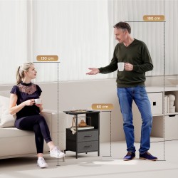 Sivupöytä / yöpöytä latausasemalla, teräsrunko, USB- ja USB-C-liitännät, 40 x 30 x 60 cm, musta