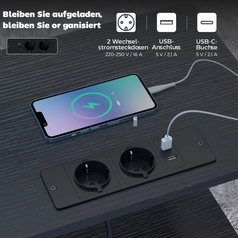 Sivupöytä / yöpöytä latausasemalla, teräsrunko, USB- ja USB-C-liitännät, 40 x 30 x 60 cm, musta