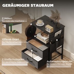 Sivupöytä / yöpöytä latausasemalla, teräsrunko, USB- ja USB-C-liitännät, 40 x 30 x 60 cm, musta