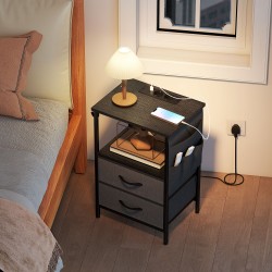 Sivupöytä / yöpöytä latausasemalla, teräsrunko, USB- ja USB-C-liitännät, 40 x 30 x 60 cm, musta