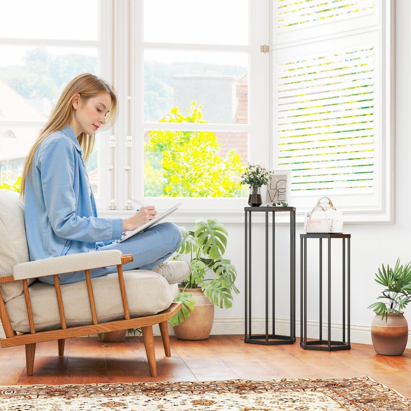 Metallinen kukkatelinesetti sisä- ja ulkokäyttöön, 2 kpl, kuusikulmainen, musta