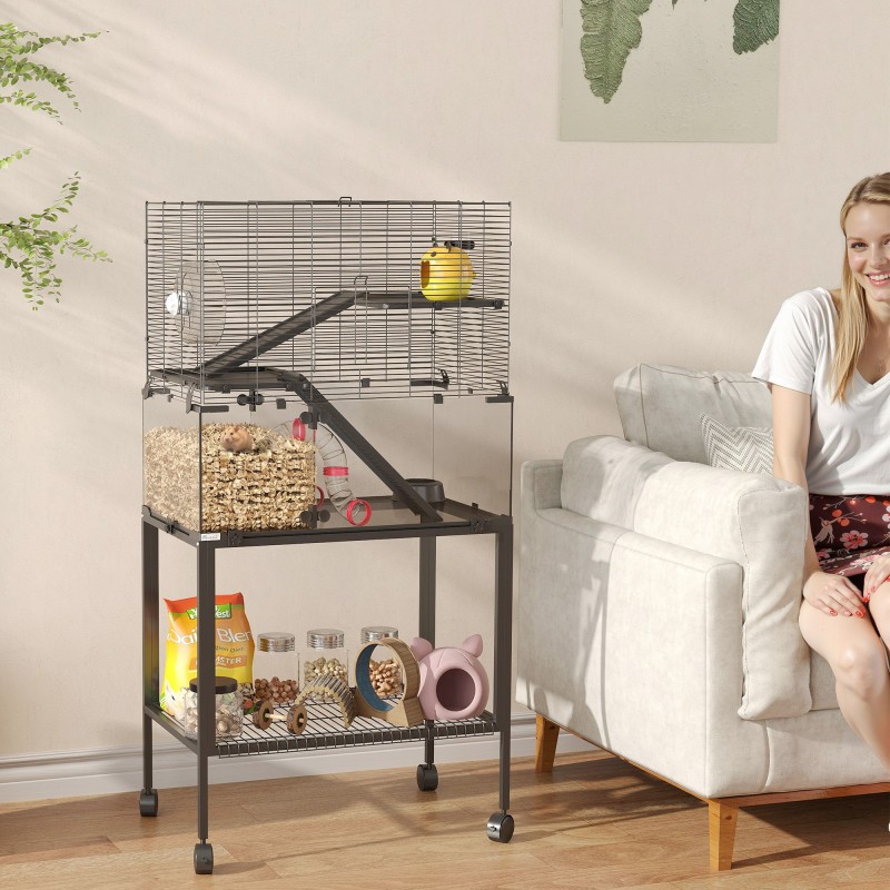 Hamsterihäkki kääpiöhamstereille ja gerbiileille, 3 tasoa, lasipohja, teräs ja muovi, musta 77 x 49 x 130,5 cm