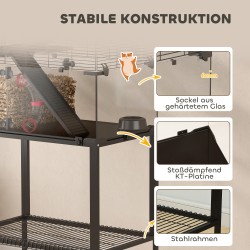 Hamsterihäkki kääpiöhamstereille ja gerbiileille, 3 tasoa, lasipohja, teräs ja muovi, musta 77 x 49 x 130,5 cm