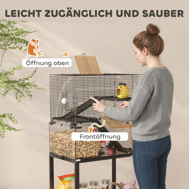 Hamsterihäkki kääpiöhamstereille ja gerbiileille, 3 tasoa, lasipohja, teräs ja muovi, musta 77 x 49 x 130,5 cm