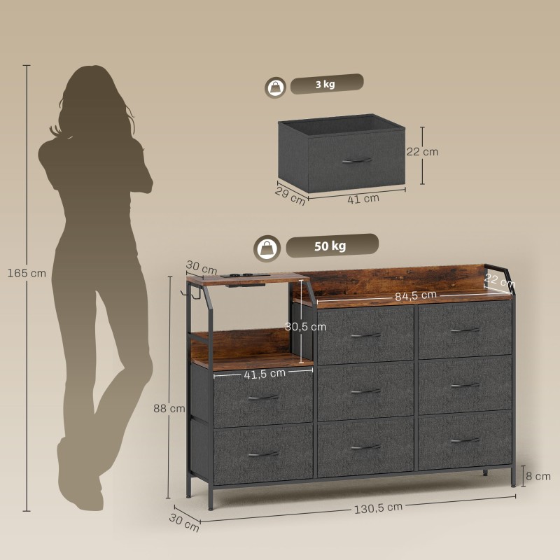 Lipasto 8 kangaslaatikolla ja latauspisteellä, teräsrunko, 130,5 x 30 x 88 cm, rustiikin ruskea/musta