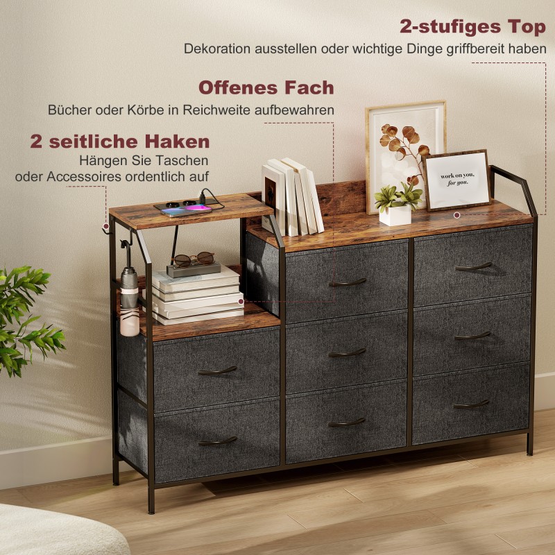 Lipasto 8 kangaslaatikolla ja latauspisteellä, teräsrunko, 130,5 x 30 x 88 cm, rustiikin ruskea/musta