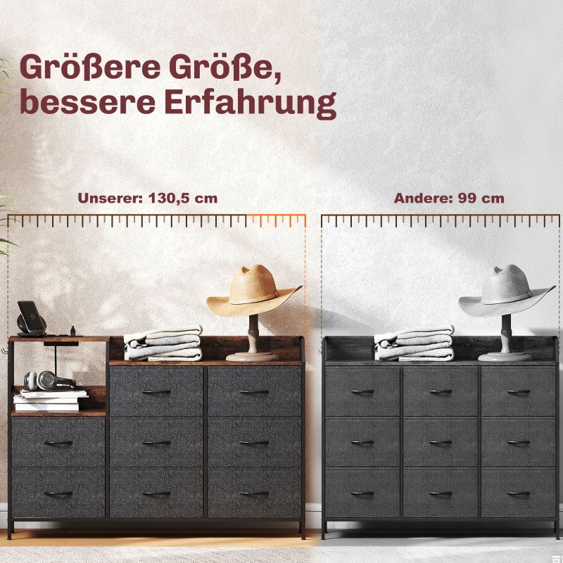 Lipasto 8 kangaslaatikolla ja latauspisteellä, teräsrunko, 130,5 x 30 x 88 cm, rustiikin ruskea/musta