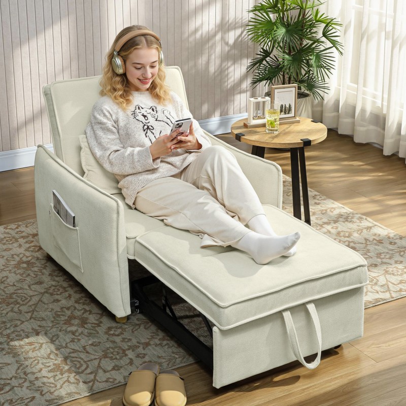 3-in-1 lepotuoli vuodesohva olohuoneeseen, chenille, 67x181 cm, creme