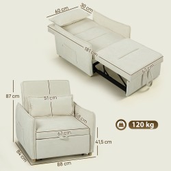 3-in-1 lepotuoli vuodesohva olohuoneeseen, chenille, 67x181 cm, creme