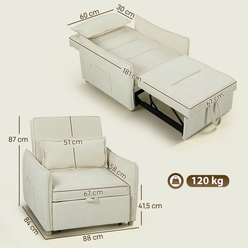 3-in-1 lepotuoli vuodesohva olohuoneeseen, chenille, 67x181 cm, creme