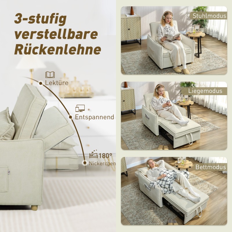 3-in-1 lepotuoli vuodesohva olohuoneeseen, chenille, 67x181 cm, creme