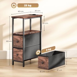 Sohvapöytä / yöpöytä latausasemalla, teräsrunko, 20 x 40 x 63 cm, rustiikin ruskea + musta