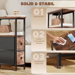 Sohvapöytä / yöpöytä latausasemalla, teräsrunko, 20 x 40 x 63 cm, rustiikin ruskea + musta